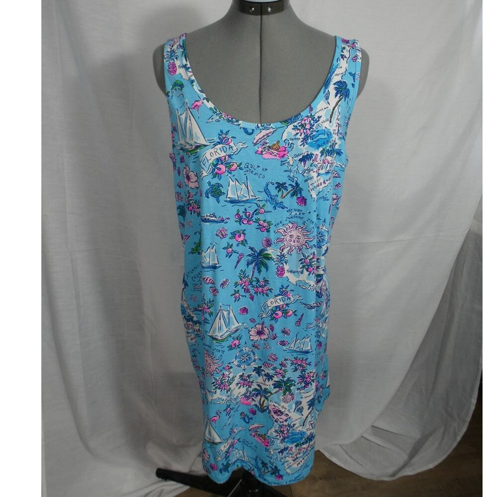 Lilly Pulitzer L Tank Dress Scoop Neckline Florida Travel Blue Pink Pima Cotton